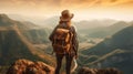 Back of woman with hat and backpack looking out onto mountain ranges