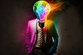 Businessman with colorful light bulb head concept on dark background Royalty Free Stock Photo