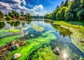 A Visual Representation of the Devastating Algae Bloom Pollution Threatening a Green River Ecosystem A Cautionary Royalty Free Stock Photo