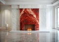 Striking Red Marble Fireplace Enhances Modern White Living Room A Stunning Contemporary Interior Design Royalty Free Stock Photo