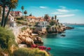 This captivating image showcases a charming house perched on a cliff, providing stunning views of the ocean., Scenic view in