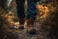 Conquering the Great Outdoors: Close-Up of Hiking Boot on Mountain Trail. Generative Ai. Royalty Free Stock Photo