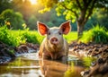 A Happy Pig Indulges in a Refreshing Mud Bath on a Sunny Farm A Closeup View of a Royalty Free Stock Photo