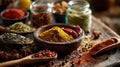 Vibrant Assortment of Spices and Herbs Displayed on Rustic Wooden Surface Royalty Free Stock Photo