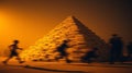 Silhouetted figures running past a large pyramid-shaped structure at sunset, creating a dramatic and mysterious scene. Royalty Free Stock Photo