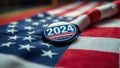 2024 Presidential Election Patriotic Campaign Button Design on an American Flag A Powerful Visual for the Upcoming Royalty Free Stock Photo