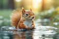 Enchanting Red Squirrel  in Forest Setting with Lake Reflection - Wildlife Animal Photography Background Royalty Free Stock Photo