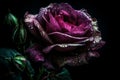 Ai Generative Beautiful dark purple rose with water drops on petals on black background Royalty Free Stock Photo