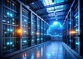 FutureProof Data Management Illuminated Cloud Icons Highlight CuttingEdge Storage Technology on Modern Server Racks