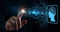Artificial intelligence and automation concept with human finger touching futuristic interface for machine learning Royalty Free Stock Photo