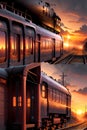 Motorized Trains Gliding Along the Rails, Enveloped by the Radiant Colors of a Breathtaking Sunset. AI generated Royalty Free Stock Photo