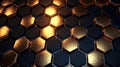 Hexagonal Luxury Black Metal Background with Golden Light Lines. 3D Geometric Texture