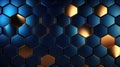 Hexagonal Luxury Black Metal Background with Golden Light Lines. 3D Geometric Texture