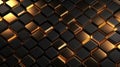 Hexagonal Luxury Black Metal Background with Golden Light Lines. 3D Geometric Texture