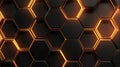 Hexagonal Luxury Black Metal Background with Golden Light Lines. 3D Geometric Texture