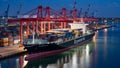 Global Trade Symphony: Illuminated Container Ship at Night Royalty Free Stock Photo