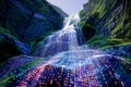 Enigmatic Digital Waterfall Cascading Down Mossy Cliffs