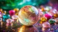 Radiant Rutilated Quartz Sphere: A Healing Crystal Centerpiece Surrounded by Complementary Stones on a Dreamy Royalty Free Stock Photo