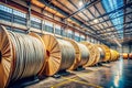 Industrial Warehouse Interior Massive Cable Reels in Minimalist Setting Stunning Stock Photography for Design Projects Royalty Free Stock Photo