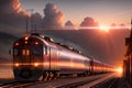 Splendid Motorized Train Gliding Along the Rails under a Sunset Sky with Dramatic Clouds. AI generated Royalty Free Stock Photo