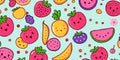Delightful Kawaii Doodle Fruits Pattern Background Vibrant Summer Design for Kids Room Kitchen Decor or Posters Royalty Free Stock Photo