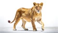 Majestic Lioness in Powerful Stride Against a Pristine White Background A Stunning Wildlife Portrait for Your Project Royalty Free Stock Photo