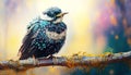 Nature\'s Art: Vibrant Small Starling Resting on a Tree in the Forest. Generative AI