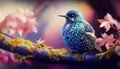 Nature\'s Art: Vibrant Small Starling Resting on a Tree in the Forest. Generative AI