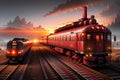 The Two Modern Classic Trains Continuing their Journey on Rails, Bathed in the Resonant Crimson Glow of the Sunset. AI generated