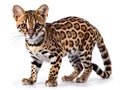 A Tiny Ocelot Kitten a Whirlwind of Fluffy Innocence Poses Against a Pristine White Canvas Evoking a Sense Royalty Free Stock Photo