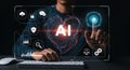 Artificial intelligence and machine learning powering modern technology with person using interactive interface Royalty Free Stock Photo