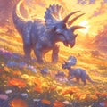 Charming Triceratops Family at Play in a Meadow