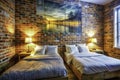 A Dreamy Double Exposure Bedroom Two Beds Against a Textured Brick Wall a Stunning Artistic Fusion of Interior Royalty Free Stock Photo