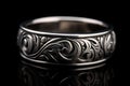 Ai Generative Wedding silver ring with ornament on a black background. Jewelry and luxury concept