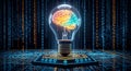 A glowing brain inside a lightbulb on a platform with binary code in the background artifical intelligence Royalty Free Stock Photo