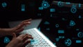 Futuristic Technology Concept With Hands on Laptop Keyboard and Virtual Interface Digital Elements Displayed on Screen Royalty Free Stock Photo