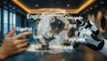 Futuristic Concept of Language Translation with Human Hand and Robot Hand Pointing at Digital Globe in Modern Interior Royalty Free Stock Photo