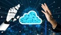 Futuristic Interaction Between Human Hand and Robotic Hand in Cloud Computing Environment with Digital Icons Royalty Free Stock Photo