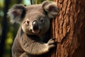 A captivating image showcasing a koala up close, peacefully resting on a tree branch in its natural habitat, A koala clinging onto Royalty Free Stock Photo