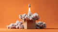 Conceptual Launch of Rocket from Box with Orange Smoke in Creative Minimalist Style.Generative AI Royalty Free Stock Photo
