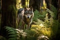 Stealthy Gray Wolf Prowling Through Dense Boreal Forest, Ferns, Moss-Covered Trees, Dappled Sunlight Royalty Free Stock Photo