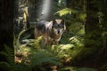 Stealthy Gray Wolf Prowling Through Dense Boreal Forest, Ferns, Moss-Covered Trees, Dappled Sunlight