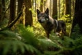 Stealthy Gray Wolf Prowling Through Dense Boreal Forest, Ferns, Moss-Covered Trees, Dappled Sunlight