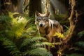 Stealthy Gray Wolf Prowling Through Dense Boreal Forest, Ferns, Moss-Covered Trees, Dappled Sunlight Royalty Free Stock Photo