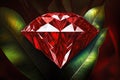 Red diamond on a dark background with green leaves