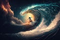 Surfer riding an ocean wave at night under the stars