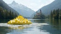 Surreal Yellow Spiky Abstract Form Floating on Calm Lake with Majestic Castle and Mountain AI generated.