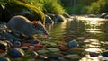 A Small Antechinus Drinking From a Clear Stream in the Forest at Sunrise Royalty Free Stock Photo