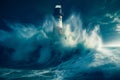 Stormy Sea Engulfs Lighthouse in a Blue Hued Ambience - AI
