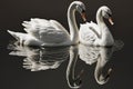 Two white swans on the water with reflection on a black background